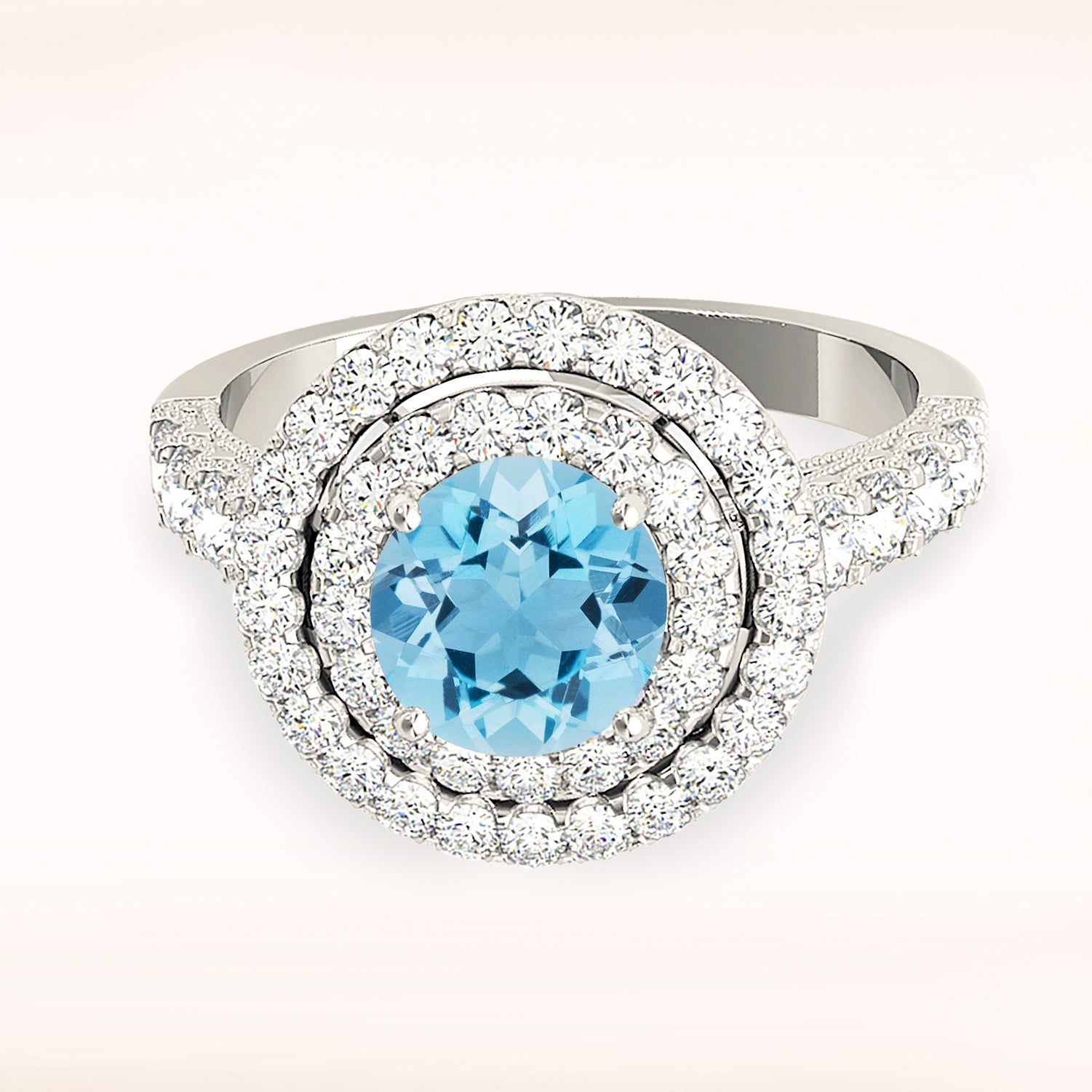 1.10 ct. Genuine Aquamarine Ring with 1.00 ctw. Diamond Double Row Halo And Diamond Band, Milgrain Design | Round Blue Aquamarine Halo Ring-VIRABYANI